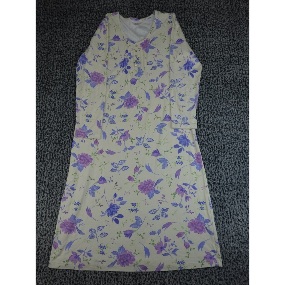 Appleseeds Nightgown Womens Small Cream Purple Floral Good Long‎ Sleeve Pintuck